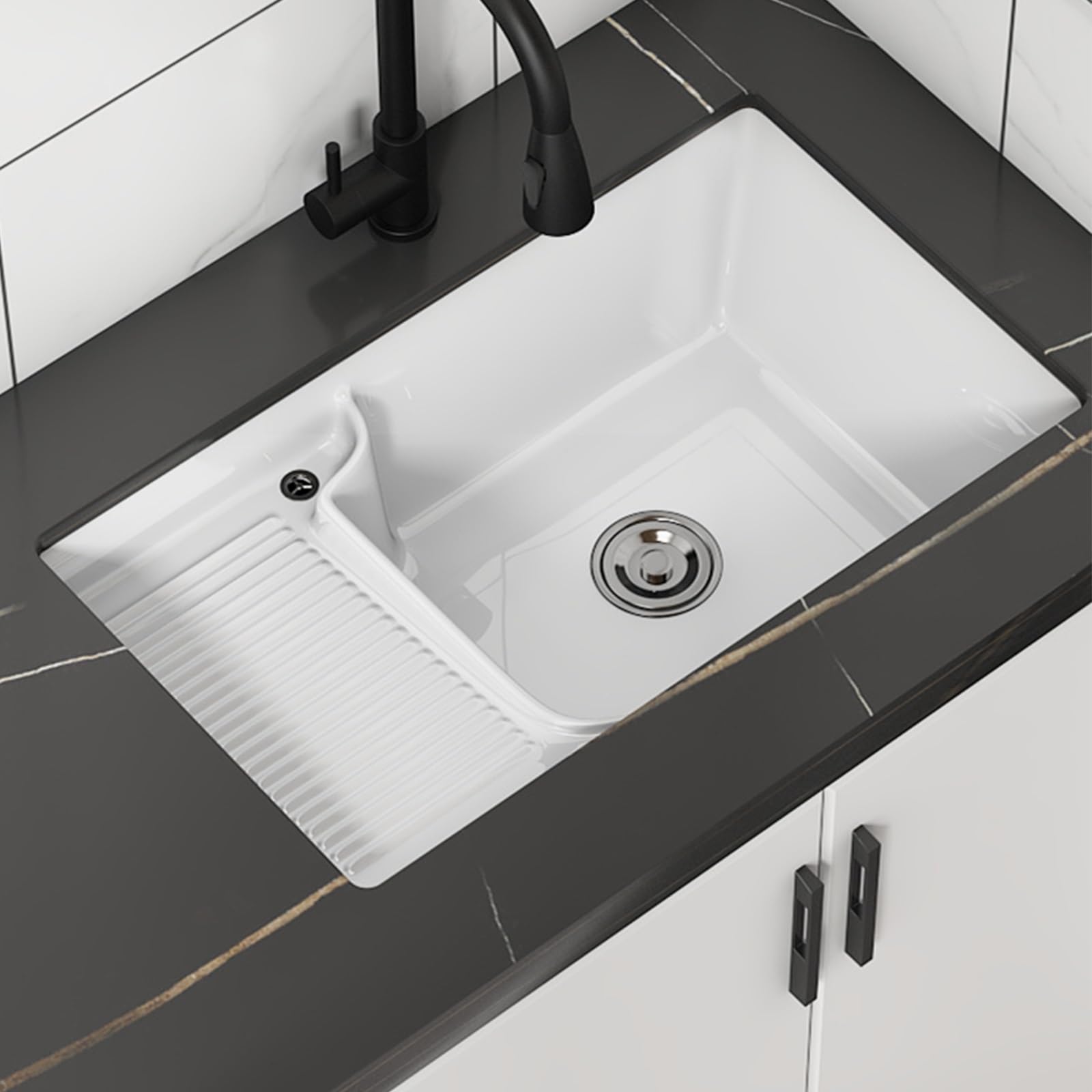 Lavandino per Il Bagno,lavatoio Lavanderia,Lavabo da Incasso in Ceramica con Assicella,con gocciolatoio e Tubo di Scarico, Adatto per bagni, WC, balconi e Cortili Esterni (Size : 74 * 42)