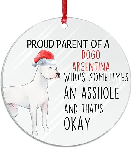Proud Parent of A Dogo Argentina Who's Sometimes an Asshole Adorno acrílico de Navidad con pata de perro, adorno de árbol de Navidad decorativo de