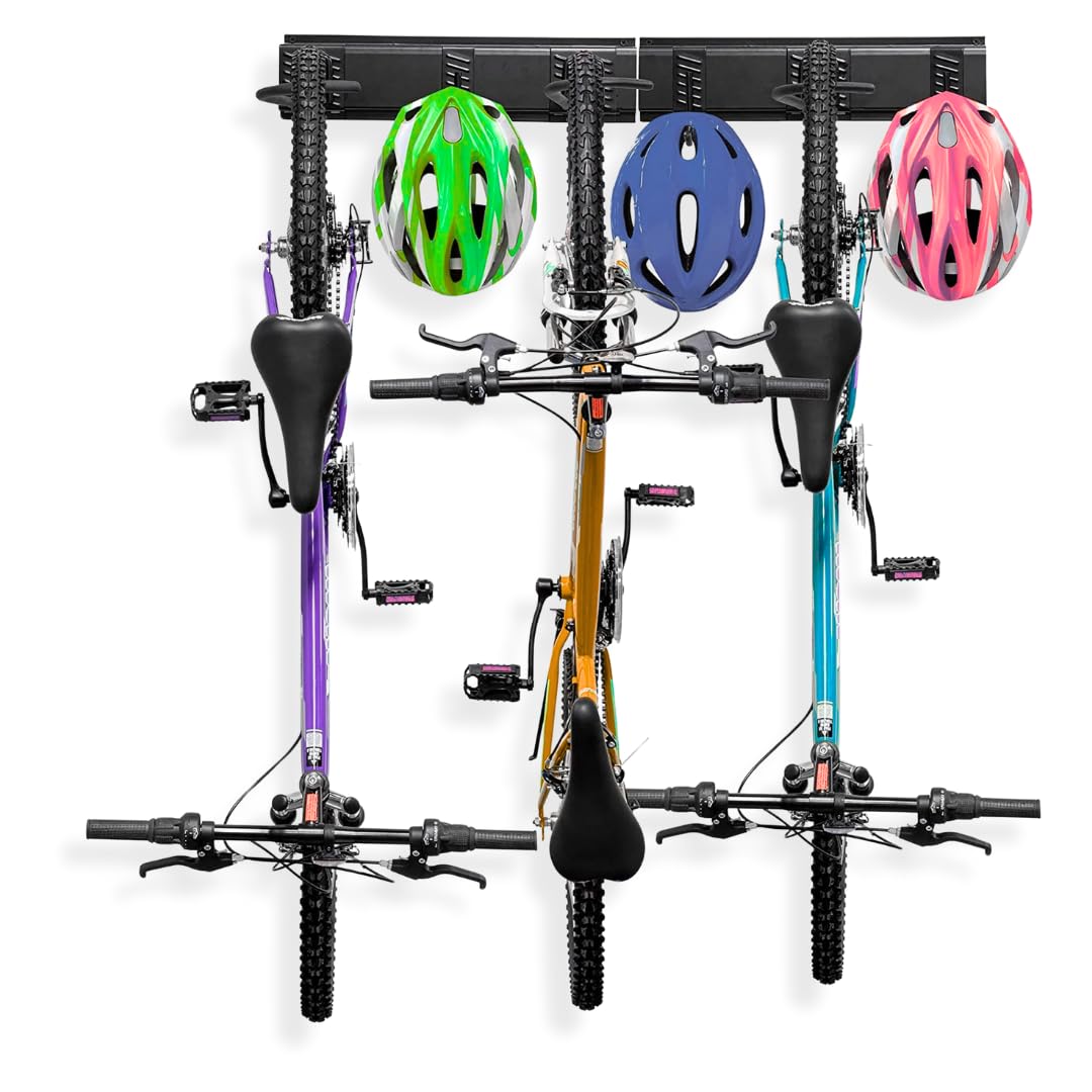 IRSTBL – Bicycle Wall Mount Rack for 3 Bikes – Heavy-Duty Wall Storage System with Hooks for Helmets & Gear – Steel Garage or Indoor Bike Holder