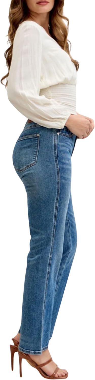 Judy Blue Mid Rise Slim Straight Jeans for Women – Rigid Magic Stretch Denim, Button Fly, Medium Wash, 30” Inseam - Image 4