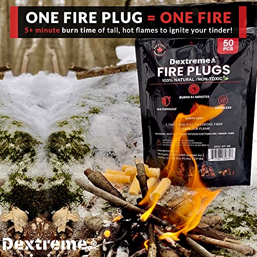 Dextreme Fire Plugs (50 Plugs) Waterproof Fire Starter For Campfires, Emergencies, Survival, Fire Pits, Grills | Can Light 50+ Fires | 5+ Minute Burn | All Natural | Made In North America #TOP2