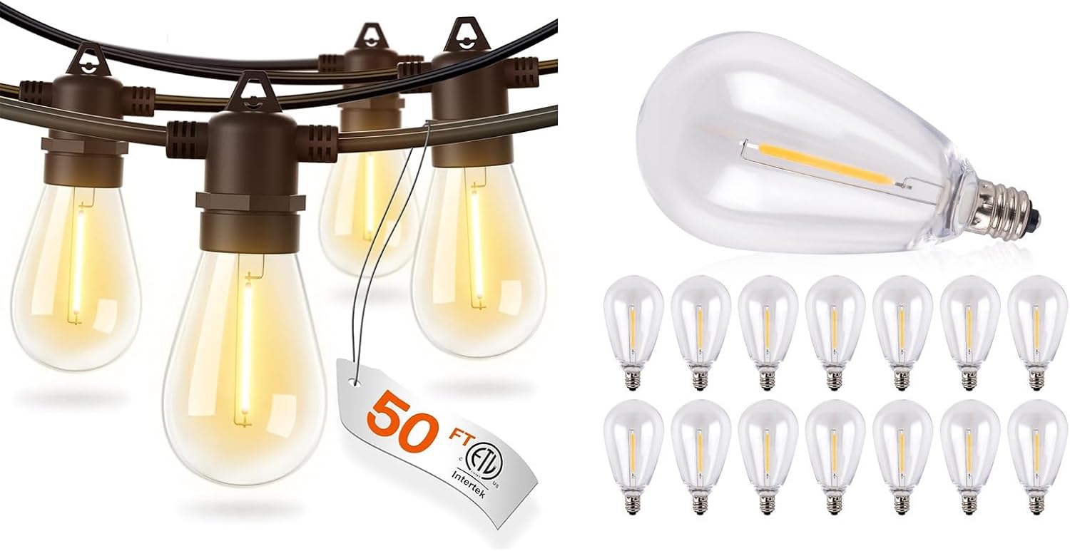 addlon 50FT LED Outdoor String Lights with 15-Pack LED Replacement Bulbs