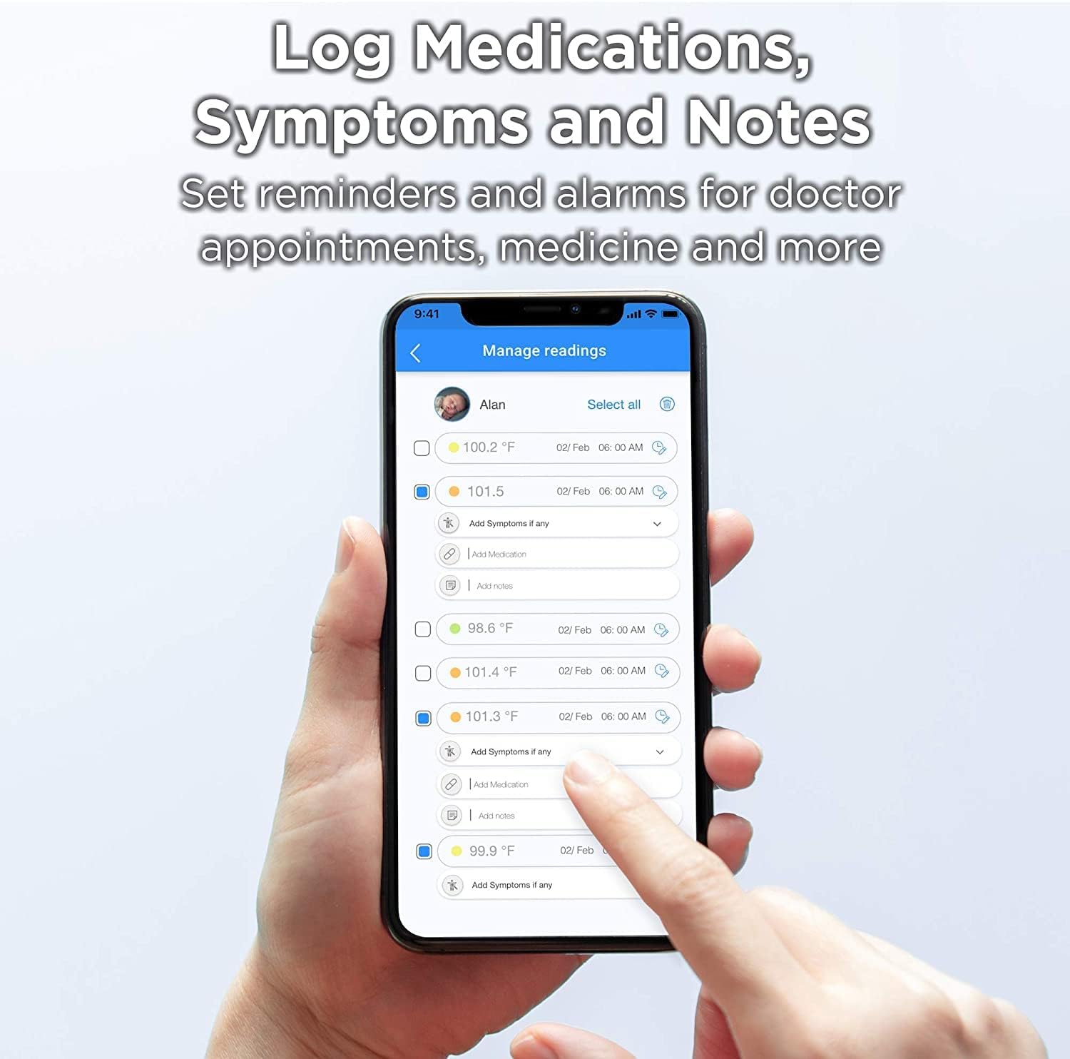 Smartphone screen showing options to log medications, symptoms, and notes within the Hubble Connected app