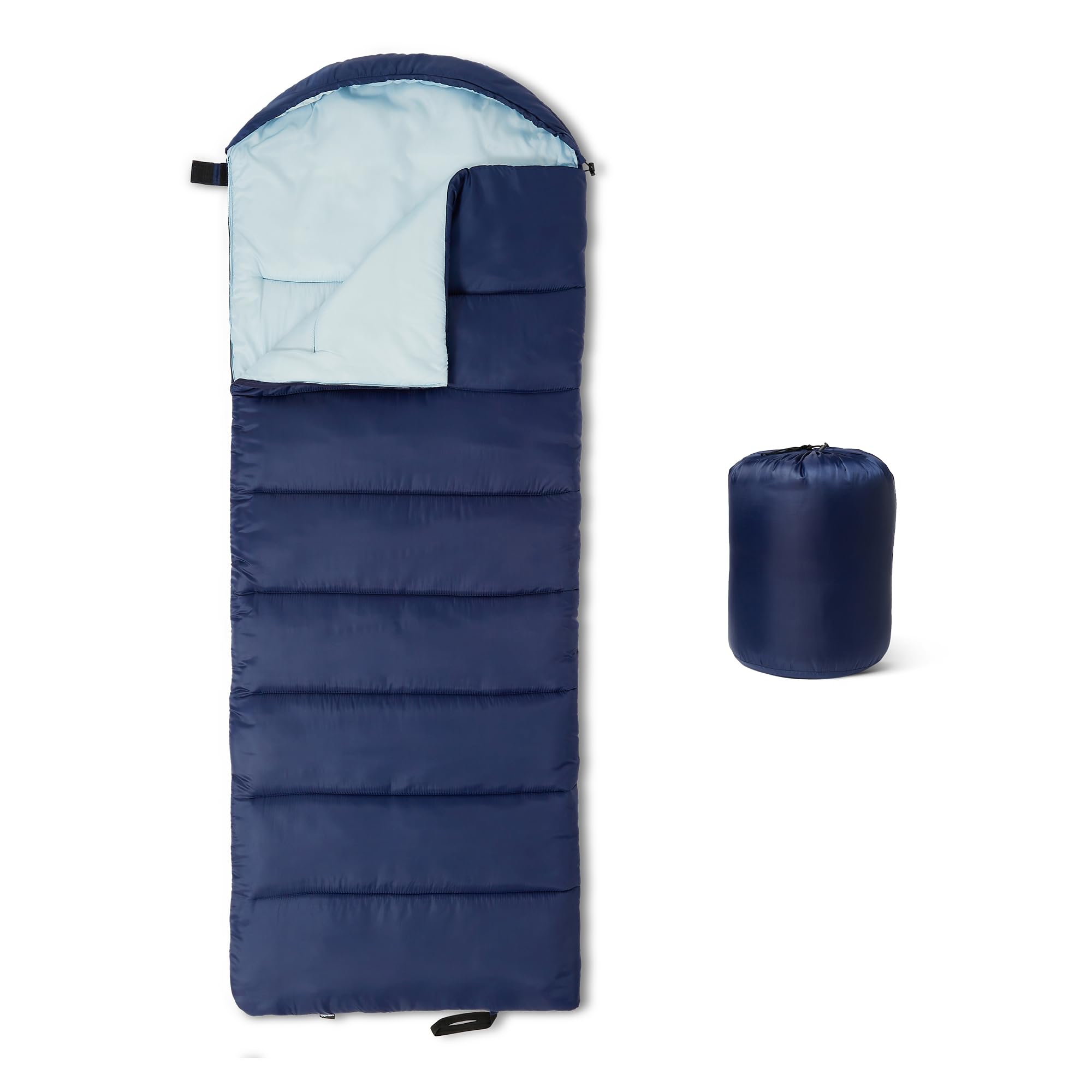 Amazon Basics sleeping bags for adults, camping essentials, 35 degree F / 0 degree C rated, Navy Blue, 84 x 31.5"