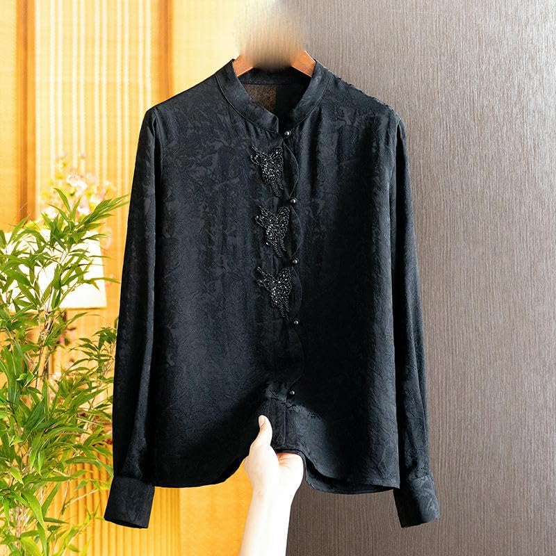 Women's Silk Jacquard Beaded Collar Blouse Summer Elegant Mulberry Silk Top