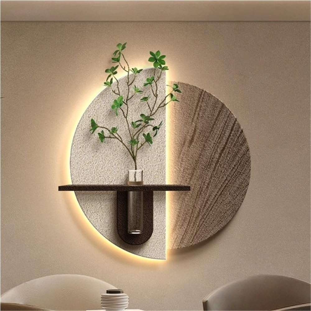 Plojkmnb Sandstone Decor Wall Art Painting, Wall Hanging Mural with LED Light, Wall Sculptures Art of Simple with Simulation Plant(A,23.6 X 23.6IN)