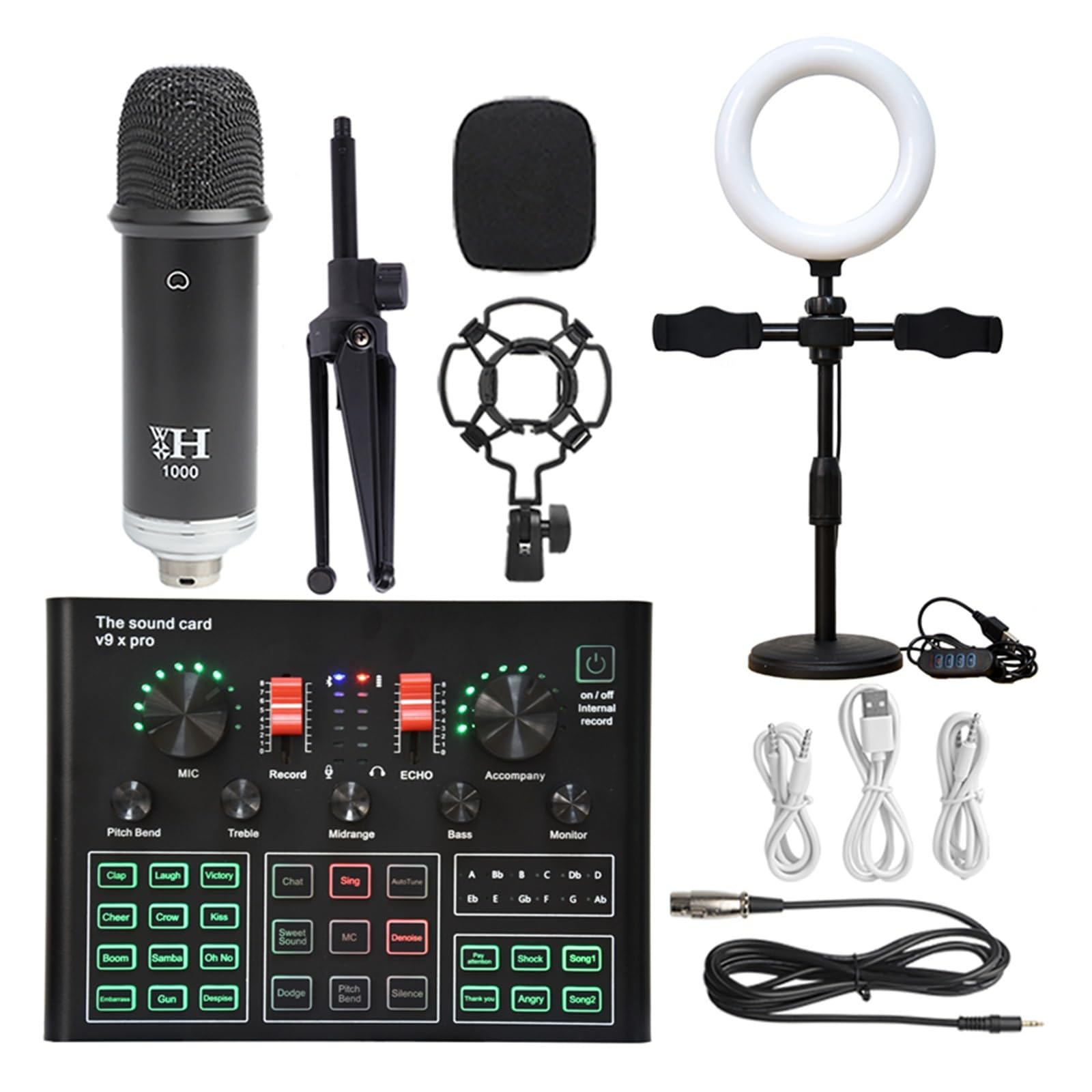 Kit scheda audio professionale da studio, microfono a condensatore, kit microfono WXH1000 con scheda audio dal vivo, configurazione studio wireless Karaoke Bluetooth per la registrazione di music