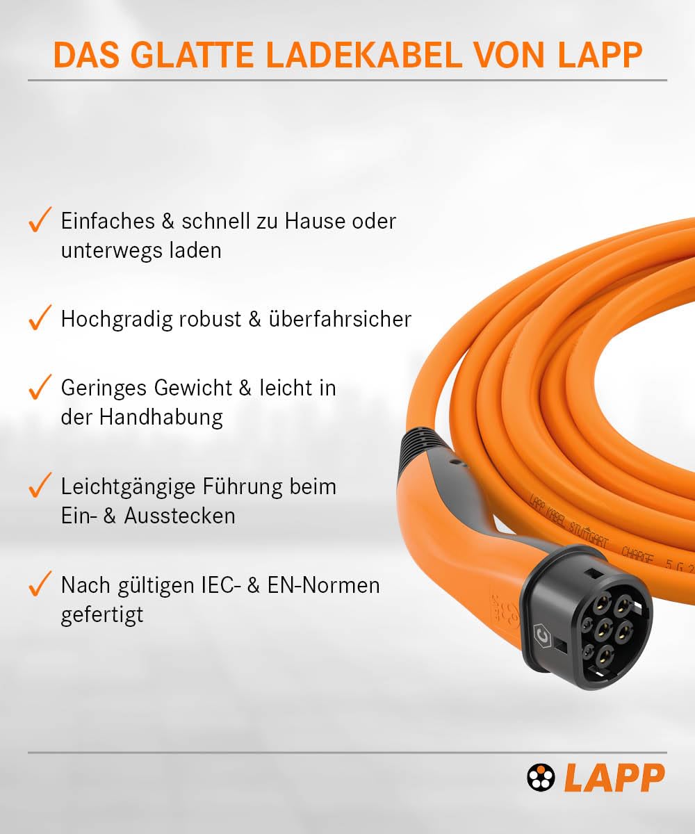 Lapp Mobility Typ 2 Ladekabel 11 KW, Orange, Buchse auf Stecker, Glatt, 20 A, 3-Phasig, E-Auto Ladekabel, Mode 3, 5m