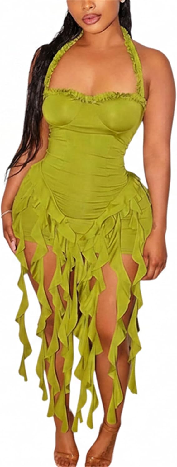 Women's Mini Dress Sexy Halter Backless Ruffle Fringe Bodycon Short Dress Cocktail Party Beach Vacation Sundress