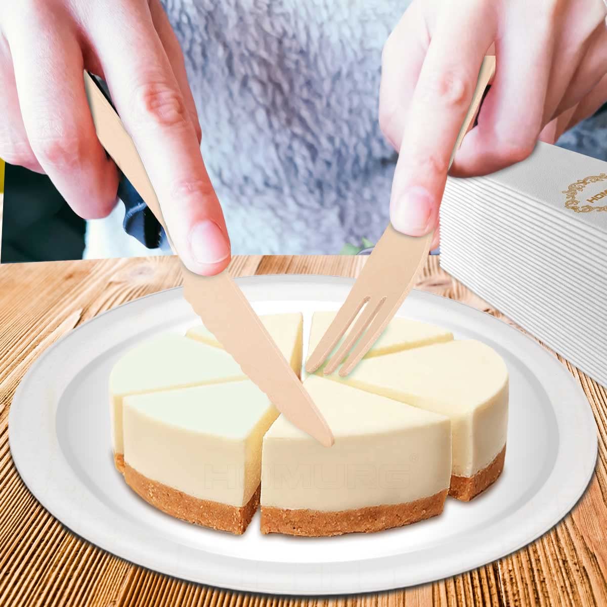 Besteck Messer und Gabeln Set Einweg 100 Stück, Holzbesteck und Einwegbesteck mit 50 Kuchengabel +`50 Dessertmesser, Tafelmesser Holzmesser und Holzgabeln 7 Zoll Besteckset für Party 50 Gäste