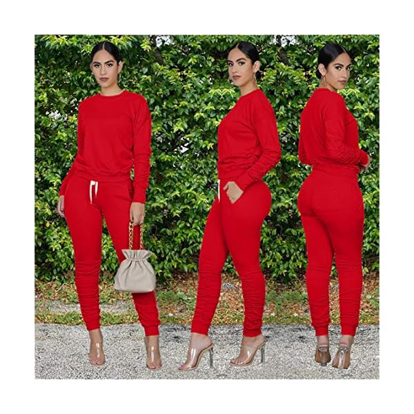 Two-Pieces-Outfits-for-Womens-Solid-Sweatsuit-Long-Sleeve-Tights-Long-Pants-Sport-Suits-Tracksuits Sweatsuits Set Womens 2 Pieces Outfit for Sportswear Tracksuits Long Sleeve Pullover Drawstring Sweatpants With Pocket (Red,S)