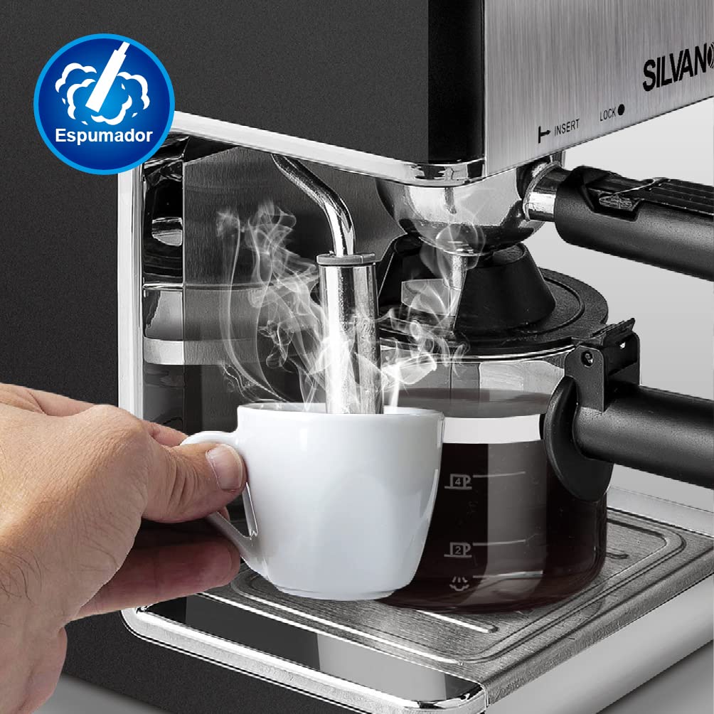 SILVANO Cafetera Espreso de 800 W - Jarra 240 ml con Medidor de Agua - Capacidad de 2 a 4 Tazas - Función Capuchino - Mango Portafiltro - Bandeja Extraíble - Presión 3,5 Bar