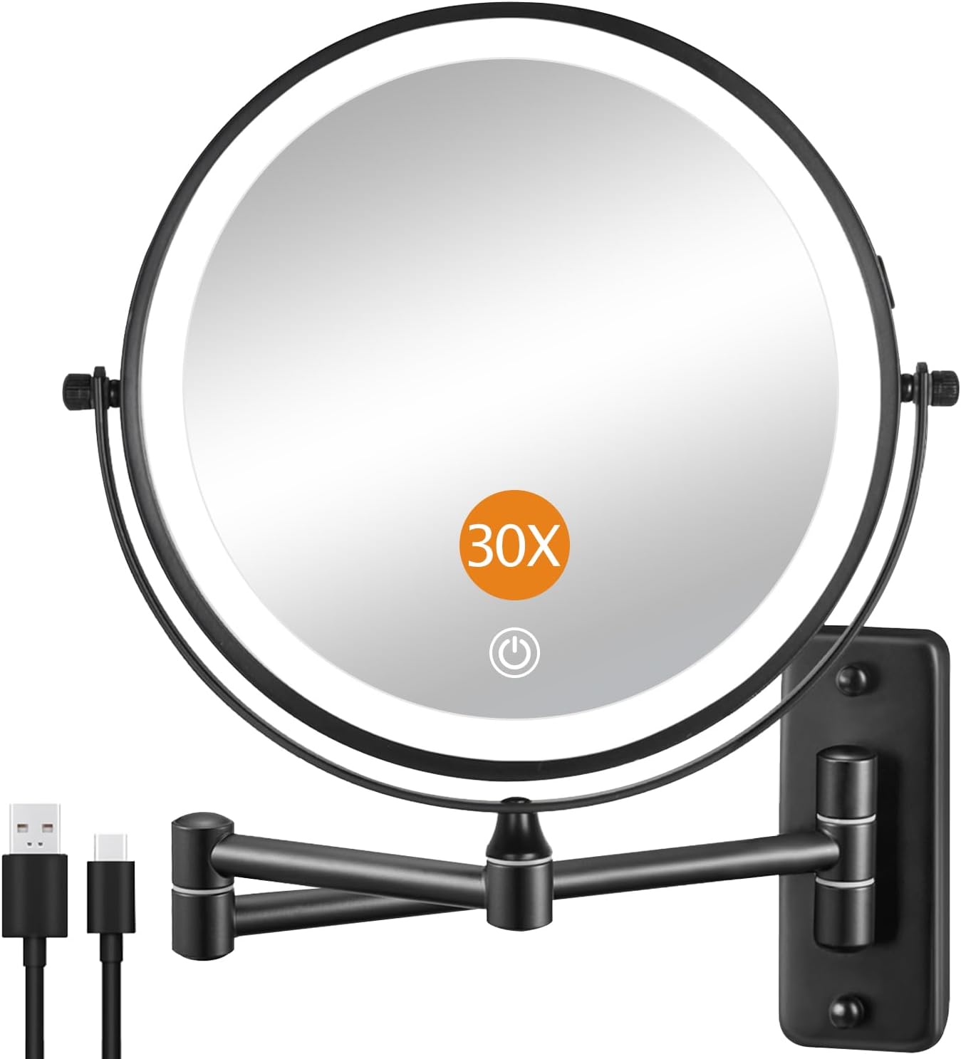 DECLUTTR 1X/30X Wall Mounted Lighted Makeup Mirror, 8" Rechargeable Double Sided Magnifying Mirror with Light, 3 Color Lights Touch Dimmable, Extended Arm 360 Rotation Wall Mounted Makeup Mirror