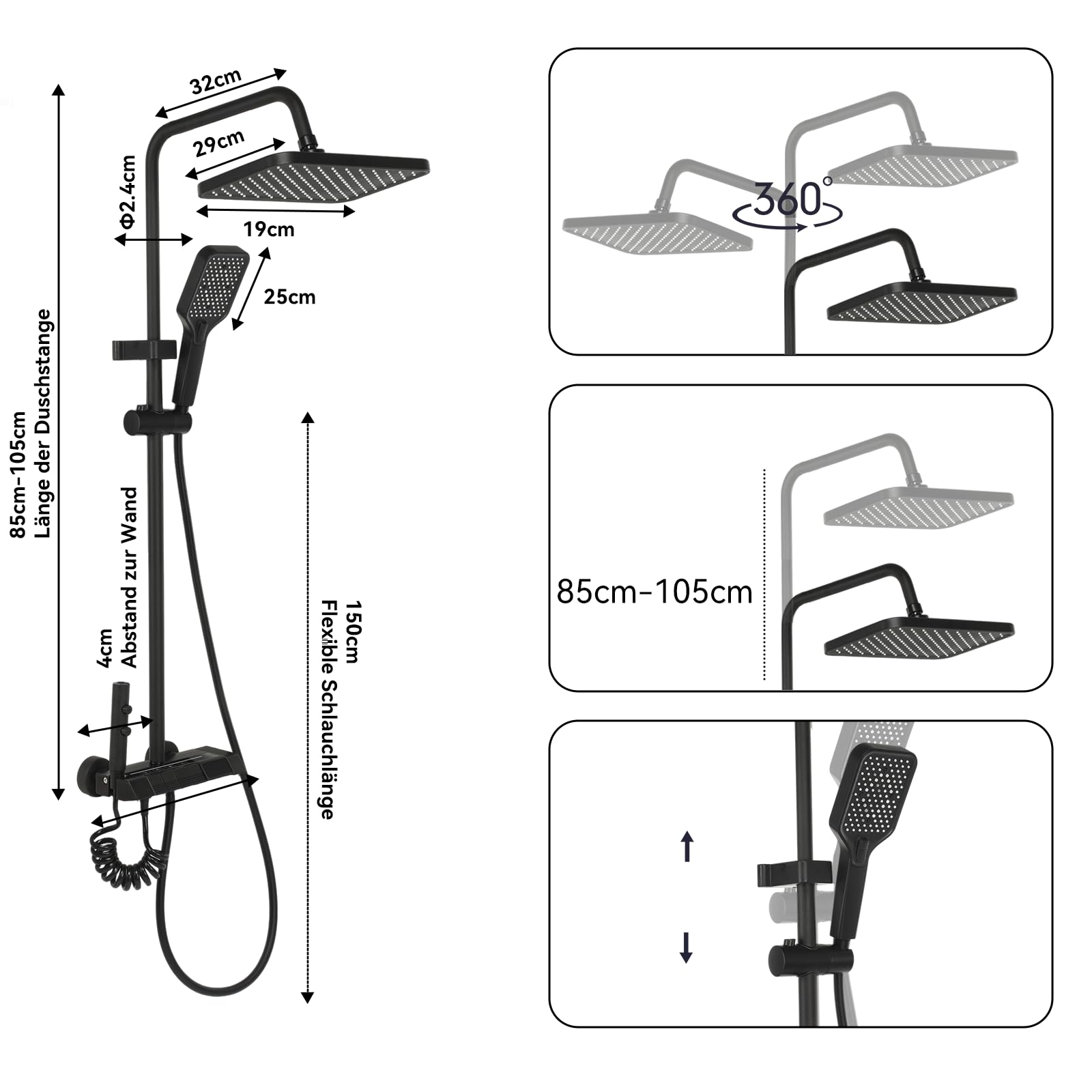 Duschsystem, 4 Strahlarten, Regendusche, Handbrause, Duscharmatur, Wasserhahn, Duschset mit LED-Digitalanzeige, höhenverstellbar, Edelstahl, schwarz