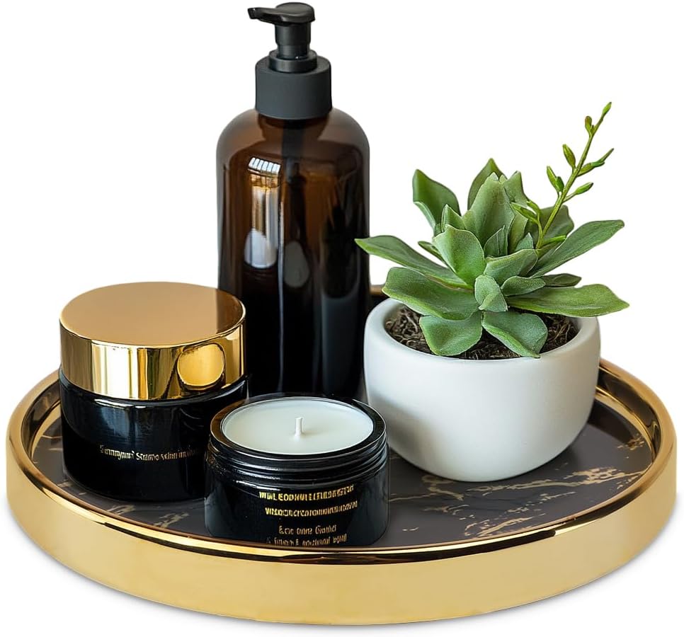 Small Round Black Decorative Tray – Marble Look Jewelry Dish, Perfume Organizer, Makeup Vanity Tray for Dresser, Counter, or Bedroom