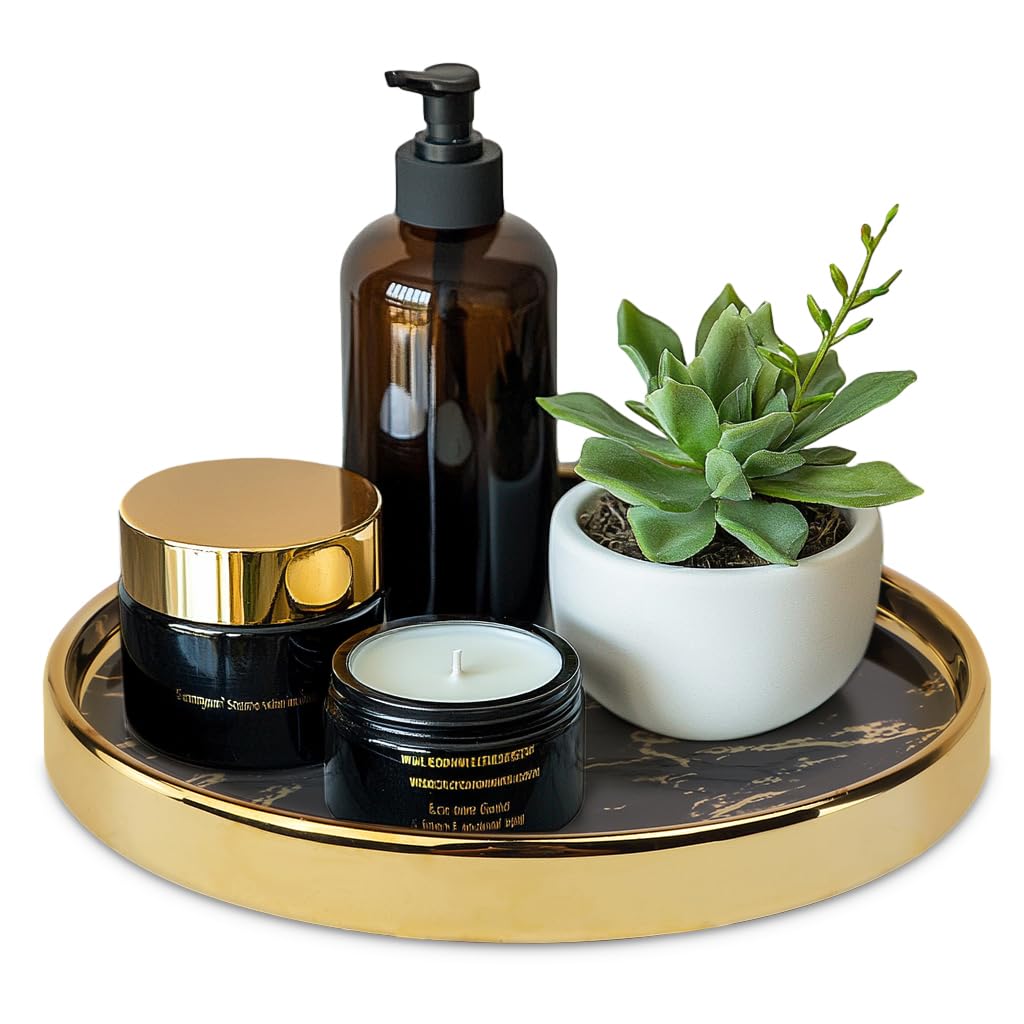 Small Round Black Decorative Tray – Marble Look Jewelry Dish, Perfume Organizer, Makeup Vanity Tray for Dresser, Counter, or Bedroom
