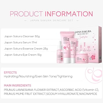 Sakura Skin Care Sets & Kits for Teenage Girls, 4 Piece Cherry Blossom Valentines Gifts Set, Skin Cleaning & Care Kit with Cleanser, Serum, Face Cream, Eye Cream