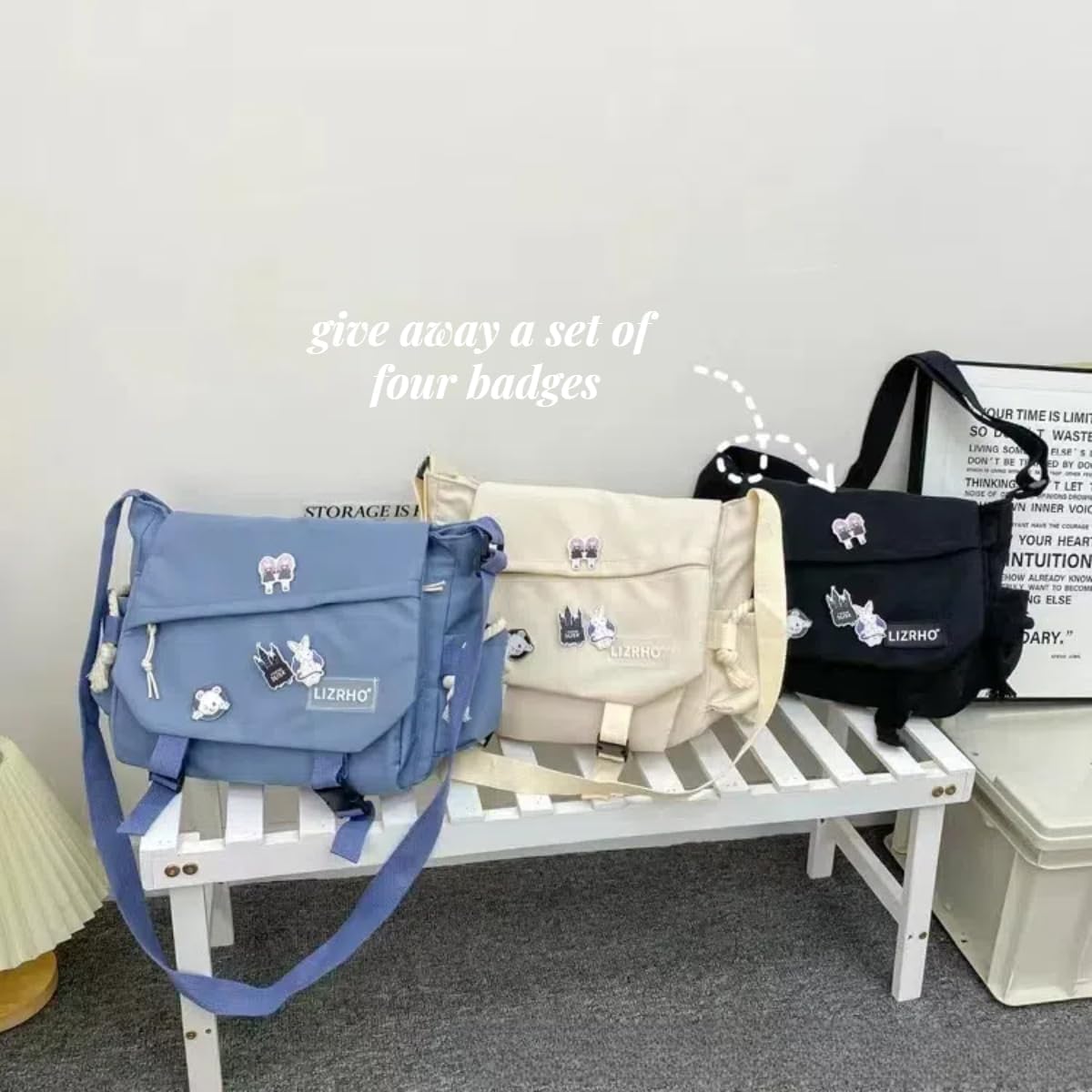 Aesthetic Crossbody Bag with Pins & Cute Accessory Kawaii Japanese Nylon Shoulder Messenger Bag for Women Men (black) - Image 7