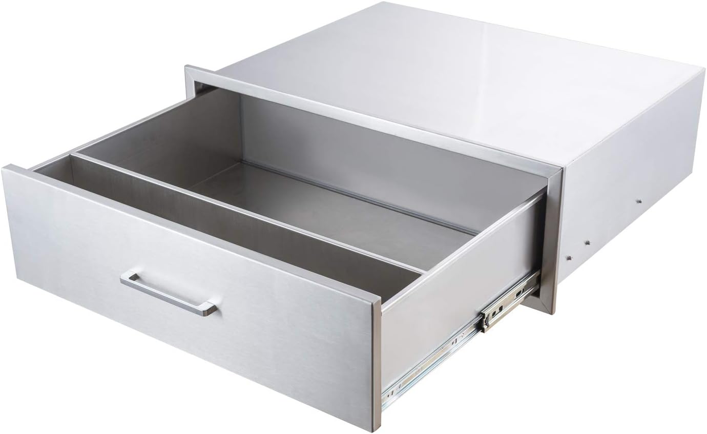 Outdoor Kitchen Single Drawer Stainless Steel BBQ Enlarger -30" W x 10" H x 23" D Enclosed Built-in Drawer Flush Mount for Outdoor Kitchens & BBQ Islands
