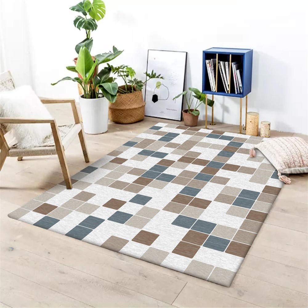 Grand tapis géométrique bleu brun 100x160cm salon moderne durable