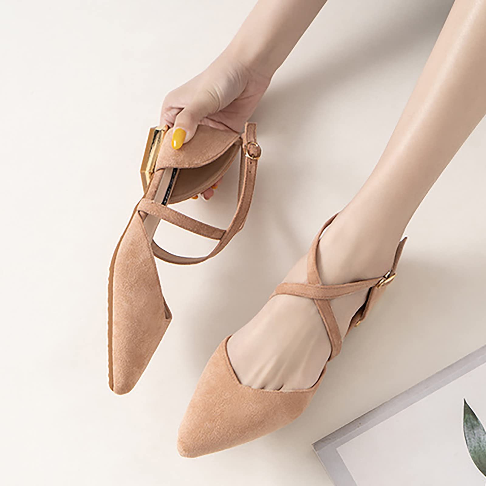 Genérico Sandalias Planas Mujer Verano Cómodas Zapatos de Nuevas Sandalias de Tacón Medio Para Mujer Con Tacón Bajo En Punta Y Hebilla Ante Profunda Comodas Vestir