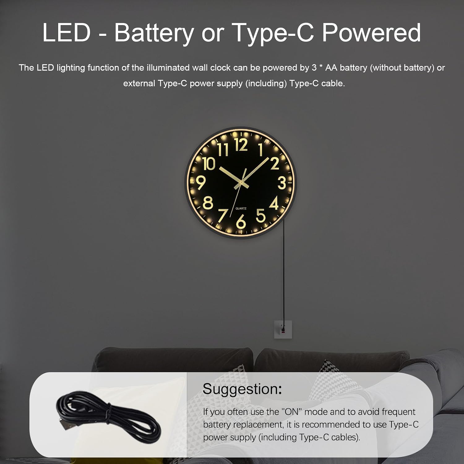 JoFomp LED Wall Clock for Bedroom Night Glow, 12 Inch Silent Wall Clocks Battery Operated, Light Up Wall Clocks for Living Room Decor, Sound Control Modern Wall Clock Glow in Dark for Kitchen Office image 5