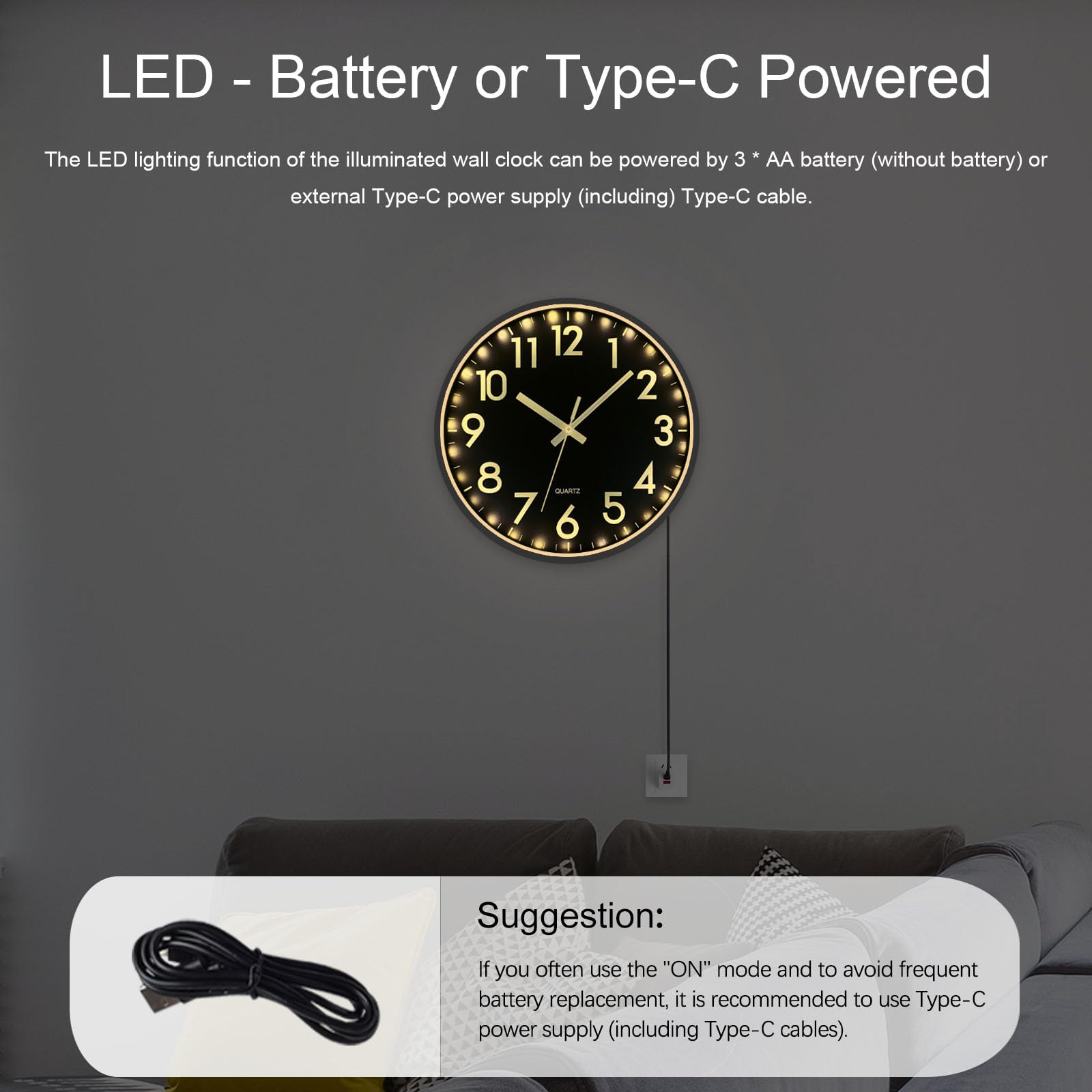 JoFomp Horloge murale LED pour chambre à coucher, lumière nocturne, 30,5 cm, horloge murale silencieuse à piles, horloge murale lumineuse pour décoration de salon, horloge murale moderne