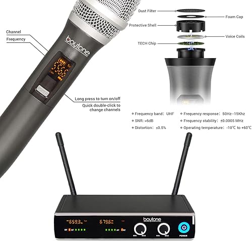 Miniatura 6 de Boytone, Sistema de micrófono inalámbrico UHF – Canal de frecuencia fija doble, 2 micrófonos transmisores dinámicos de mano de metal, para fiestas,