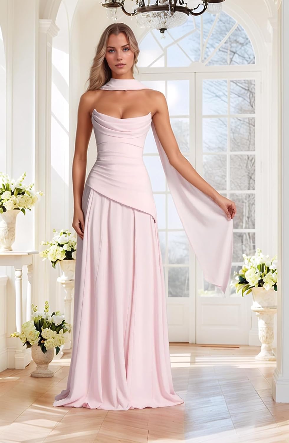 Strapless Bridesmaid Dresses with Scarf Chiffon Ruched Formal Dress A-line Long Evening Gown for Women - Image 2