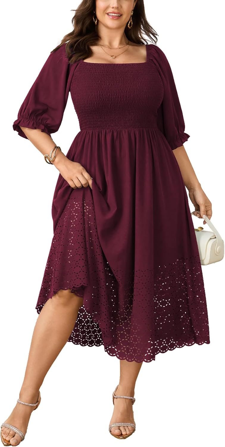SCOMCHIC Women's Plus Size Maxi Dress Short Sleeve Square Neck Hollow Out Smocked Flowy A-Line Boho Wedding Guest Dresses