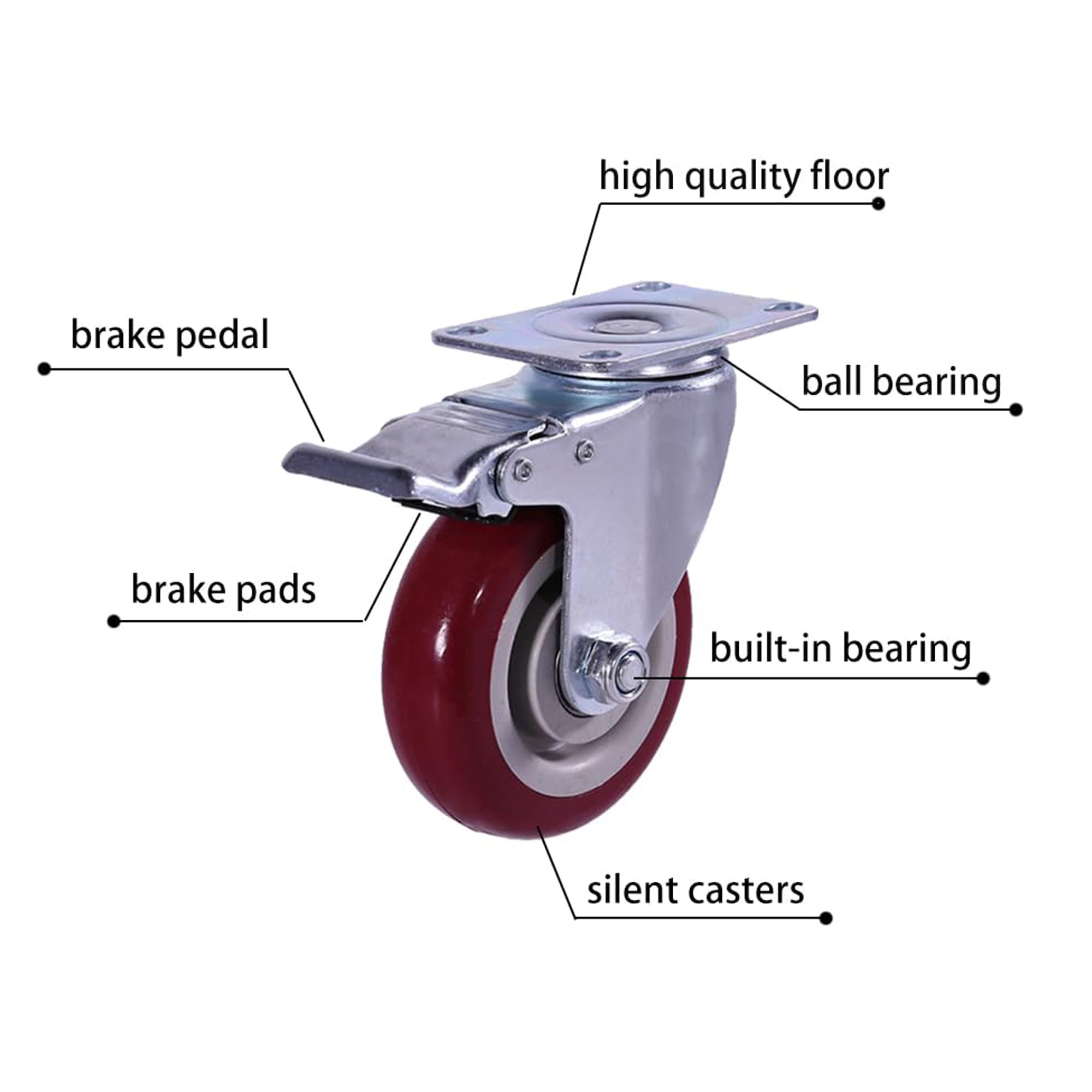 4 Pièces Roulettes Pivotantes Pour Meubles Roulettes Charge Lourd 4"/100mm Avec Frein Heavy Duty Roulette de 600kg Rouge