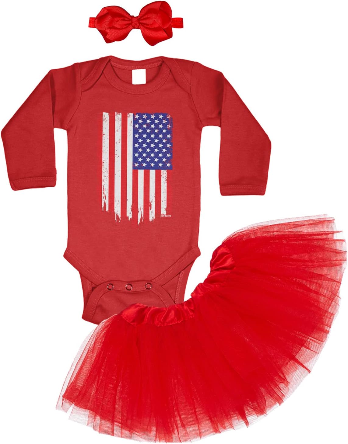 Distressed American Flag - USA Pride Baby Bodysuit + Tutu Skirt + Bow Headband Set