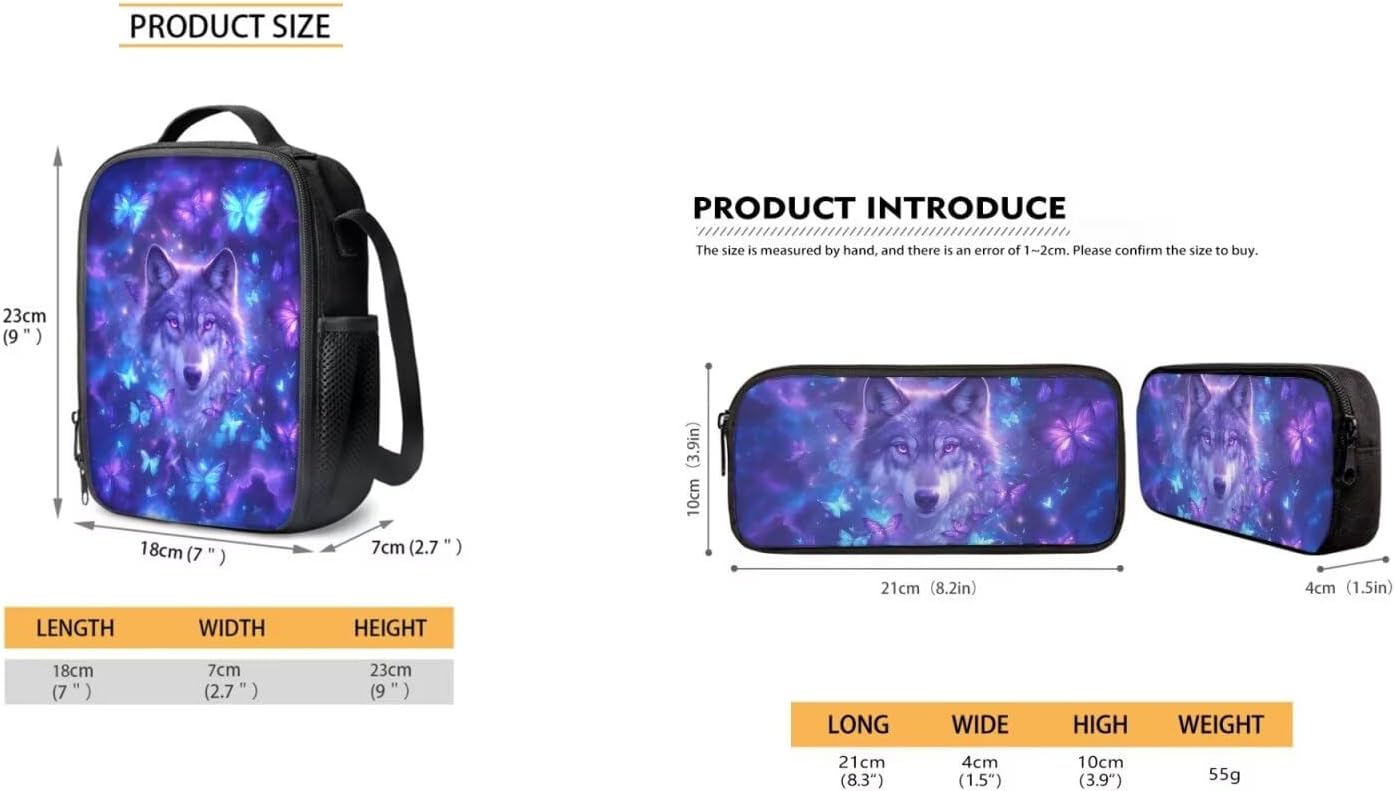 AFPANQZ Wolf Butterfly Design School Backpack Rucksack Mulit Functional Daypack + Cooler Lunch Bags Insulated Heat Lunch Box + Pencil Case