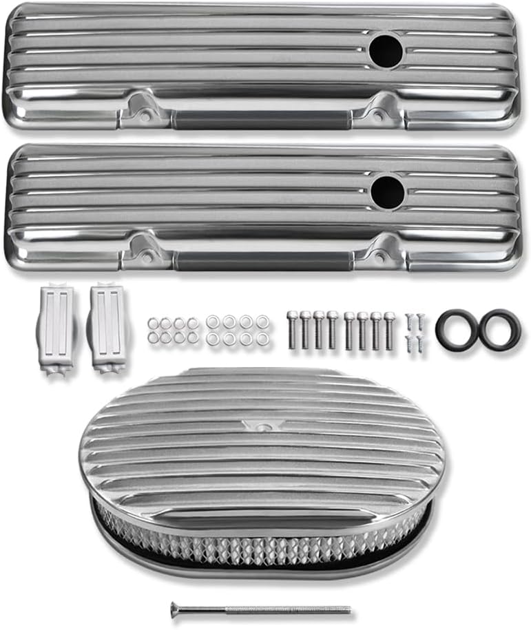 Short Valve Covers For SBC 283 305 327 350 400 1958-1986 and 12" Oval Air Cleaner Full Finned Polished