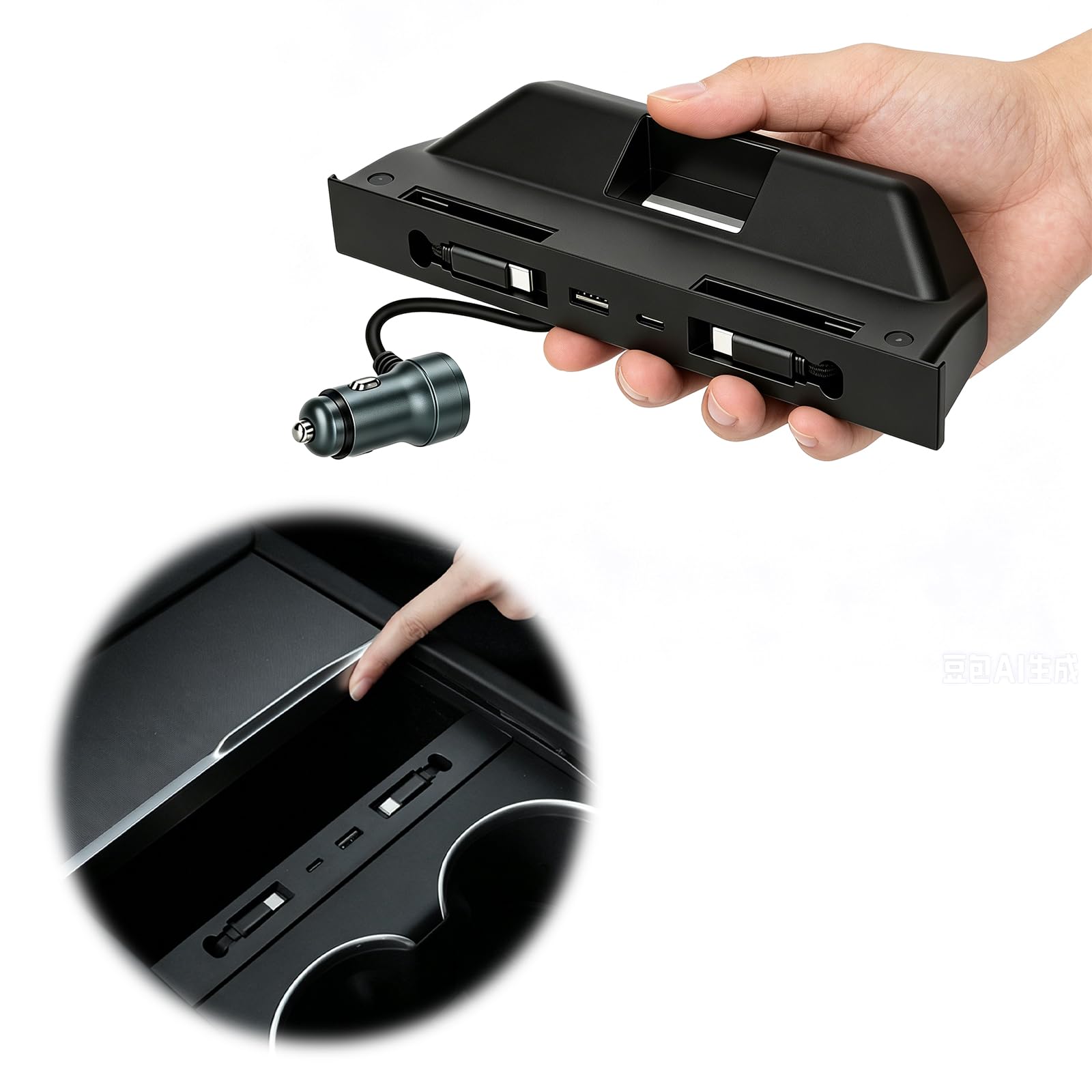Koncentrator USB do wieloportowej stacji dokującej do ładowarki Tesla | Precyzyjnie dopasowana konstrukcja – specjalnie uformowana dla konsoli ModelY/YL/3, pasuje do wnętrza z eleganckim matowym