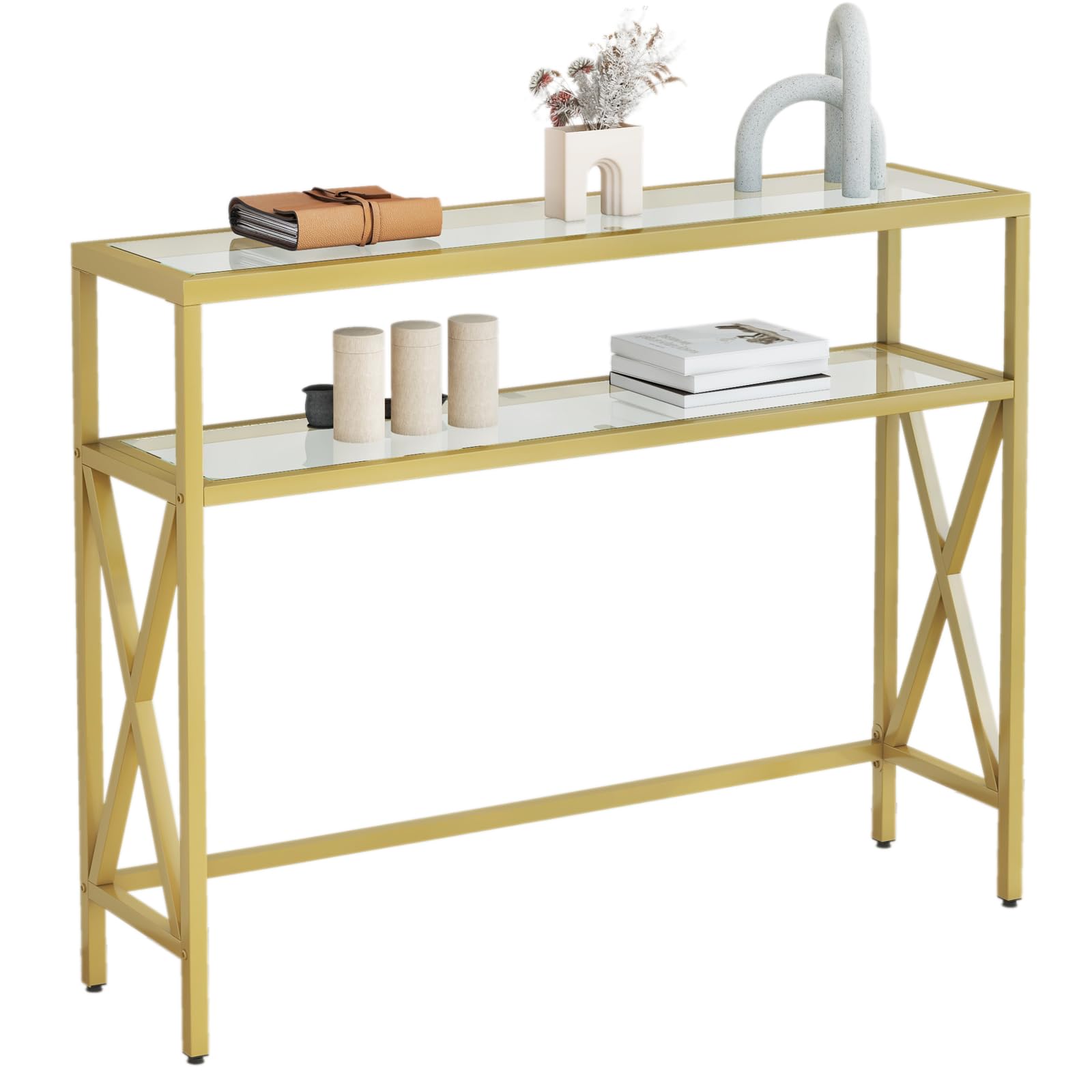 YMYNY Konsolentisch, Gehärtetes Glas Sofa Tisch, Industrieller Eingangstisch für Flur, Schmaler Sofastisch mit Regalen, Kompakter Anzeigetisch für kleine Räume, 101×25×80.5CM Golden HGD007G