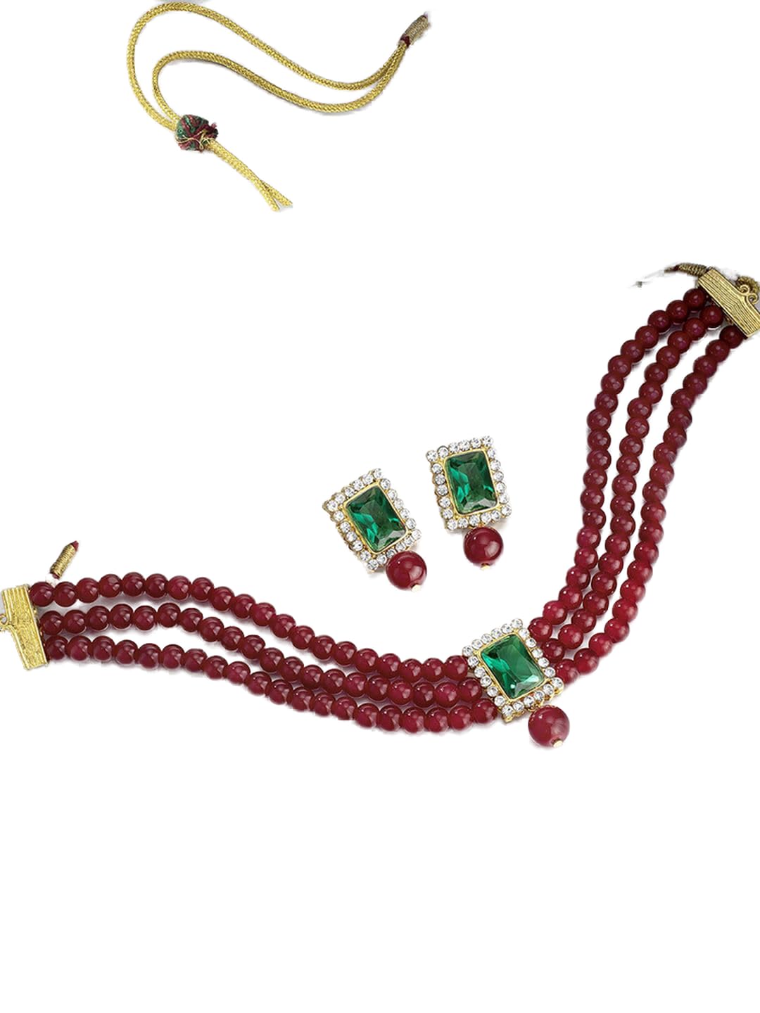 Juego de joyas DMZ-2402 con perlas granate de alta gama y latón chapado en oro 8