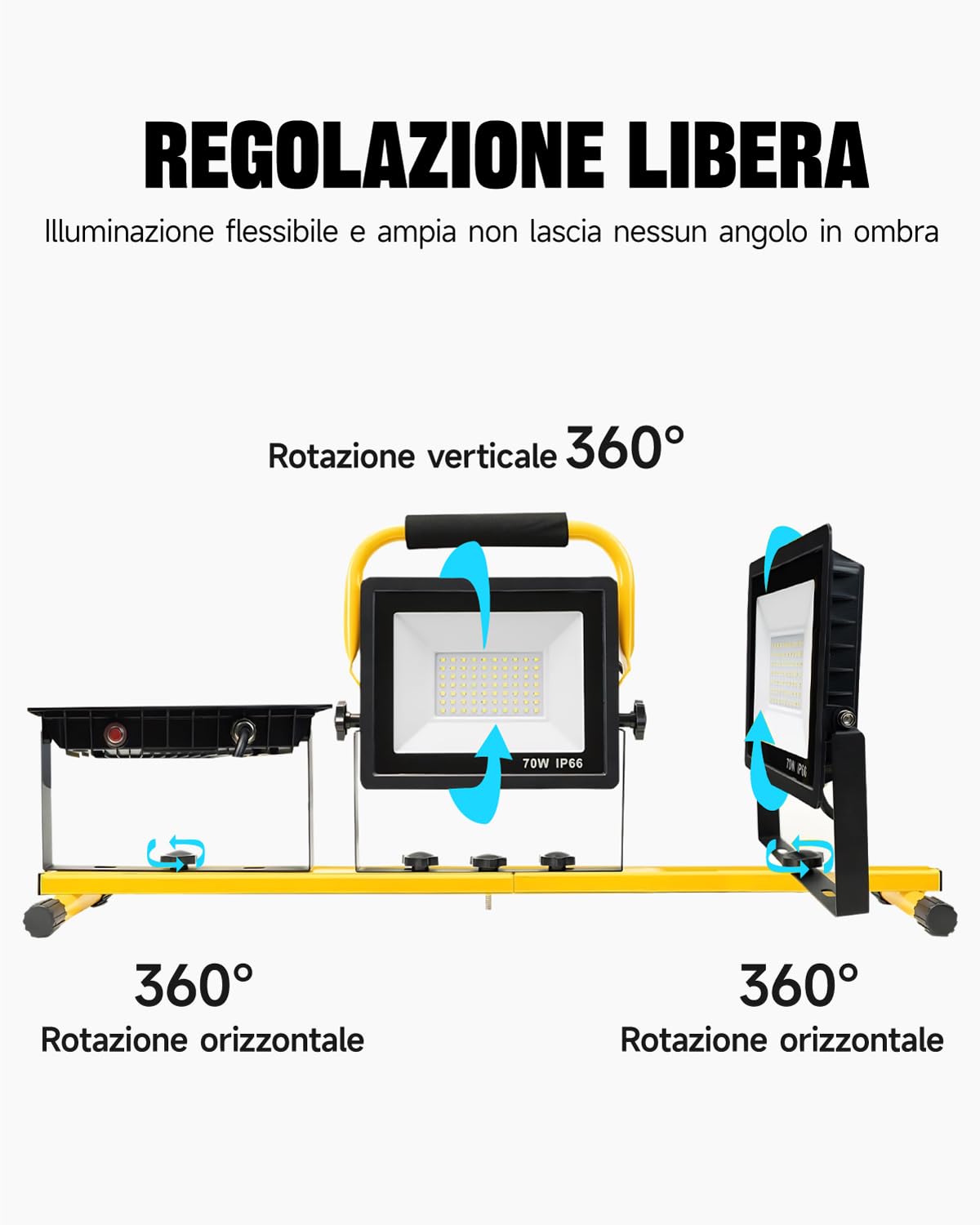 Faretto da Lavoro LED con Treppiede 210W, 20000LM, 3 Teste Regolabili, Cavo da 5m, IP66 Impermeabile, Lampada da Cantiere Pieghevole per Esterni, Officina & Emergenze