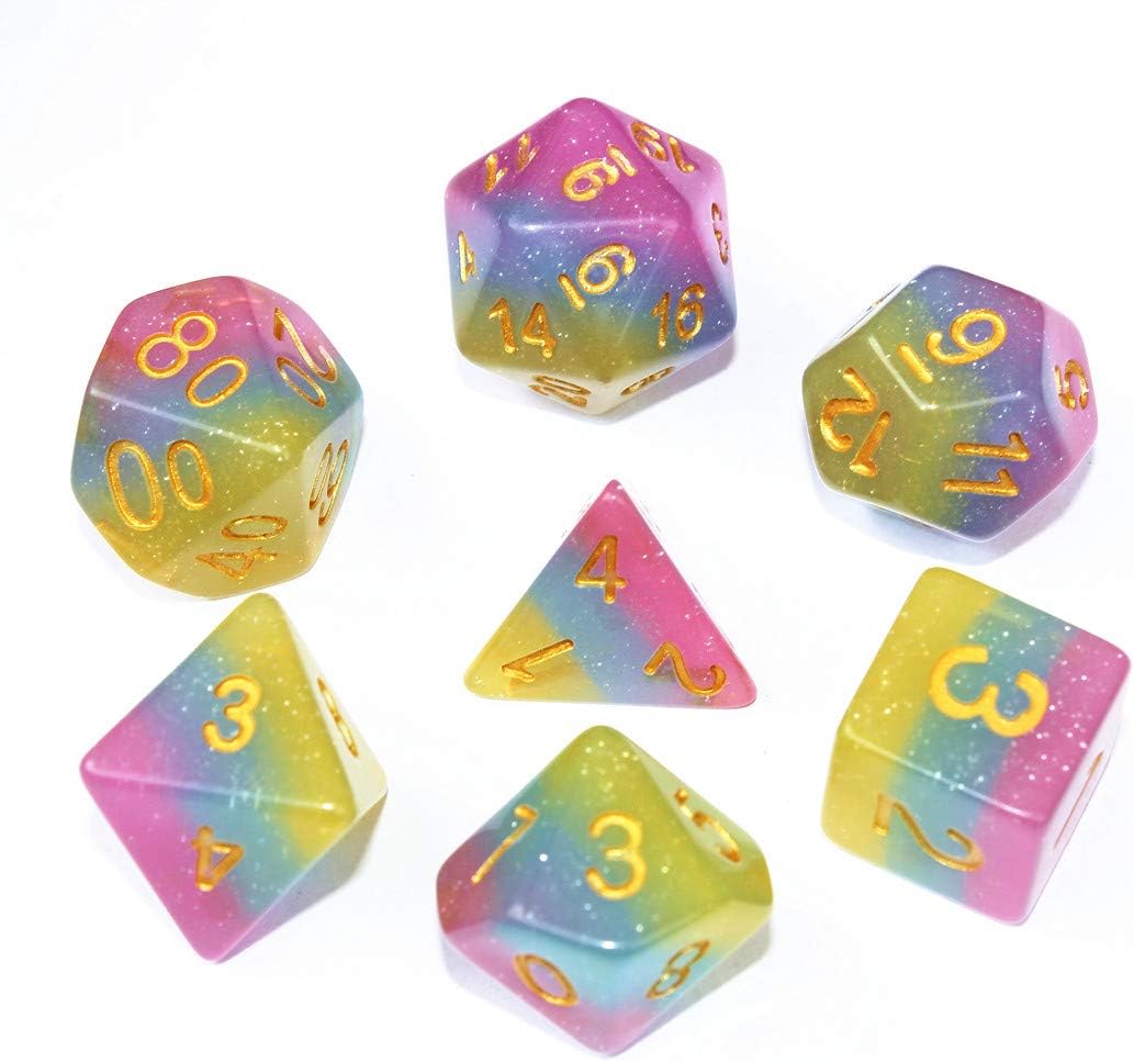 Flexble DND Dice Set Polyhedral RPG Dice for Dungeons and Dragons Pathfinder D&D Role Playing Game MTG Tabletop Pink,Blue,Yellow 3 Colors 7-Die Dice Set (Lollipop Dice)