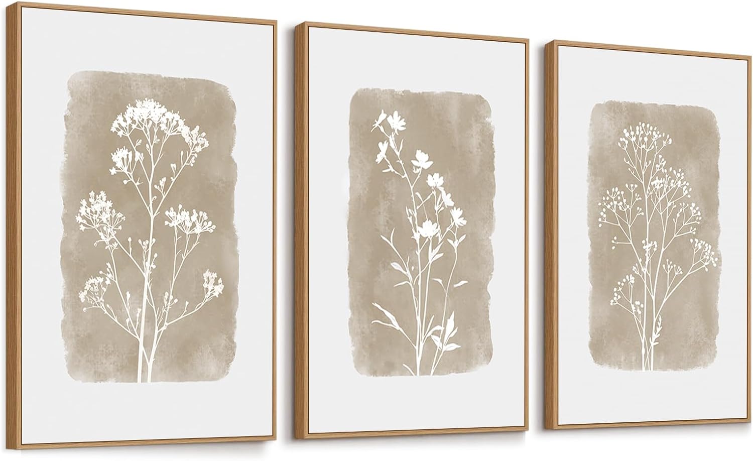 Neutral Floral Framed Canvas Wall Art Set of 3, 16"x24" Large Boho Botanical Wall Decor, Minimalist Plant Wall Painting, Rustic Wildflower Artwork for Living Room Bedroom Farmhouse Office 16"x24" Botanical Wall Art