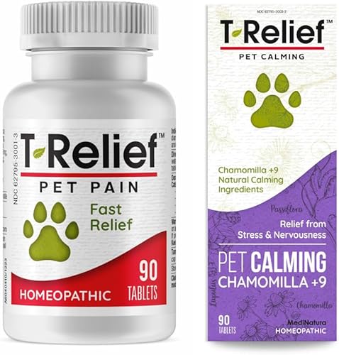 MediNatura T-Relief - Tabletas calmantes para mascotas (90) + tabletas para aliviar el dolor de mascotas T-Relief (90)
