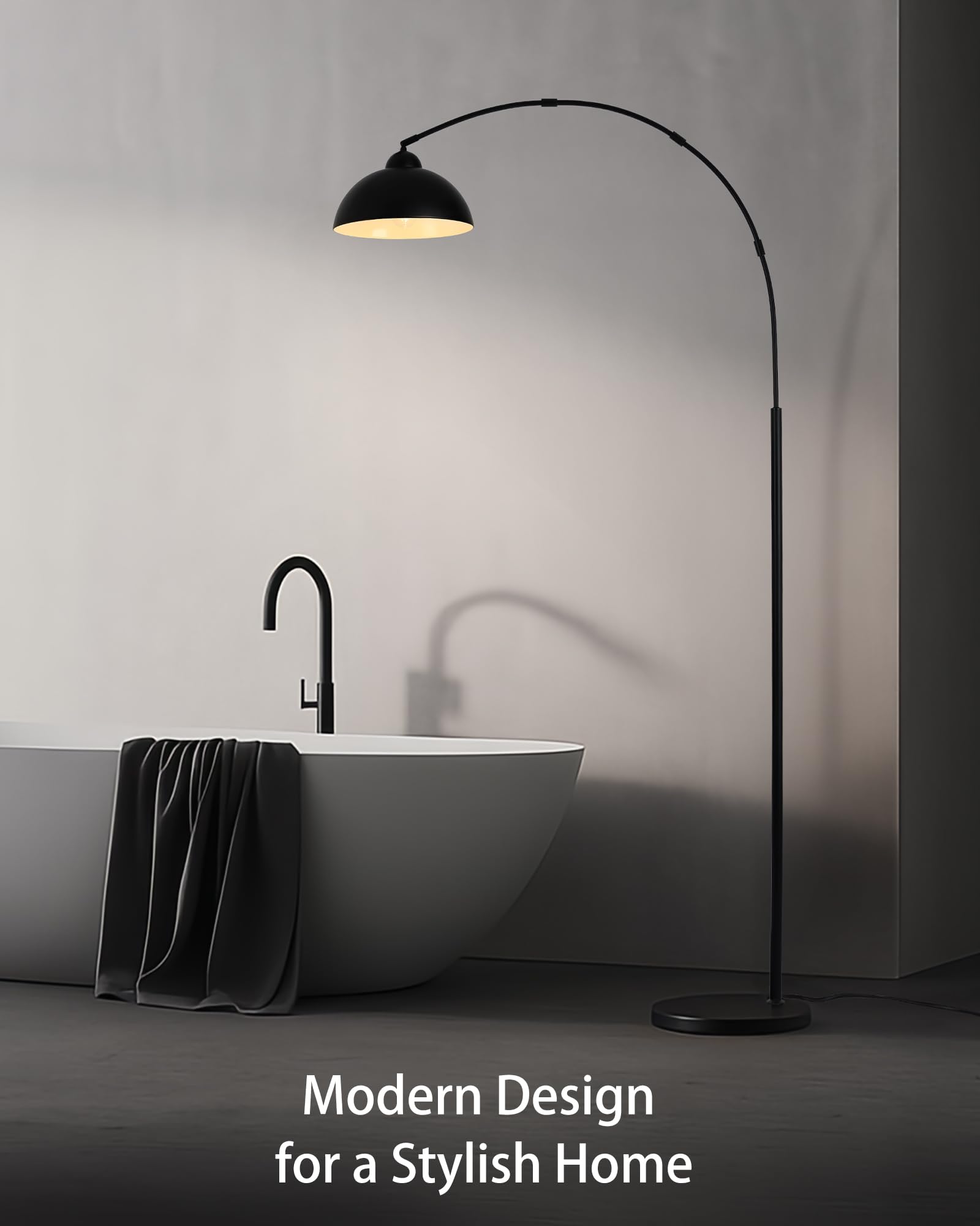 Lampada da Terra ad Arco 204cm Moderna Nera, Lampada da Terra per Salotto e Soggiorno con Montaggio Facile in 5 Minuti, Base 30cm 5kg Antiribaltamento, per Camera da Letto (Senza Lampadina) OVEL FL02