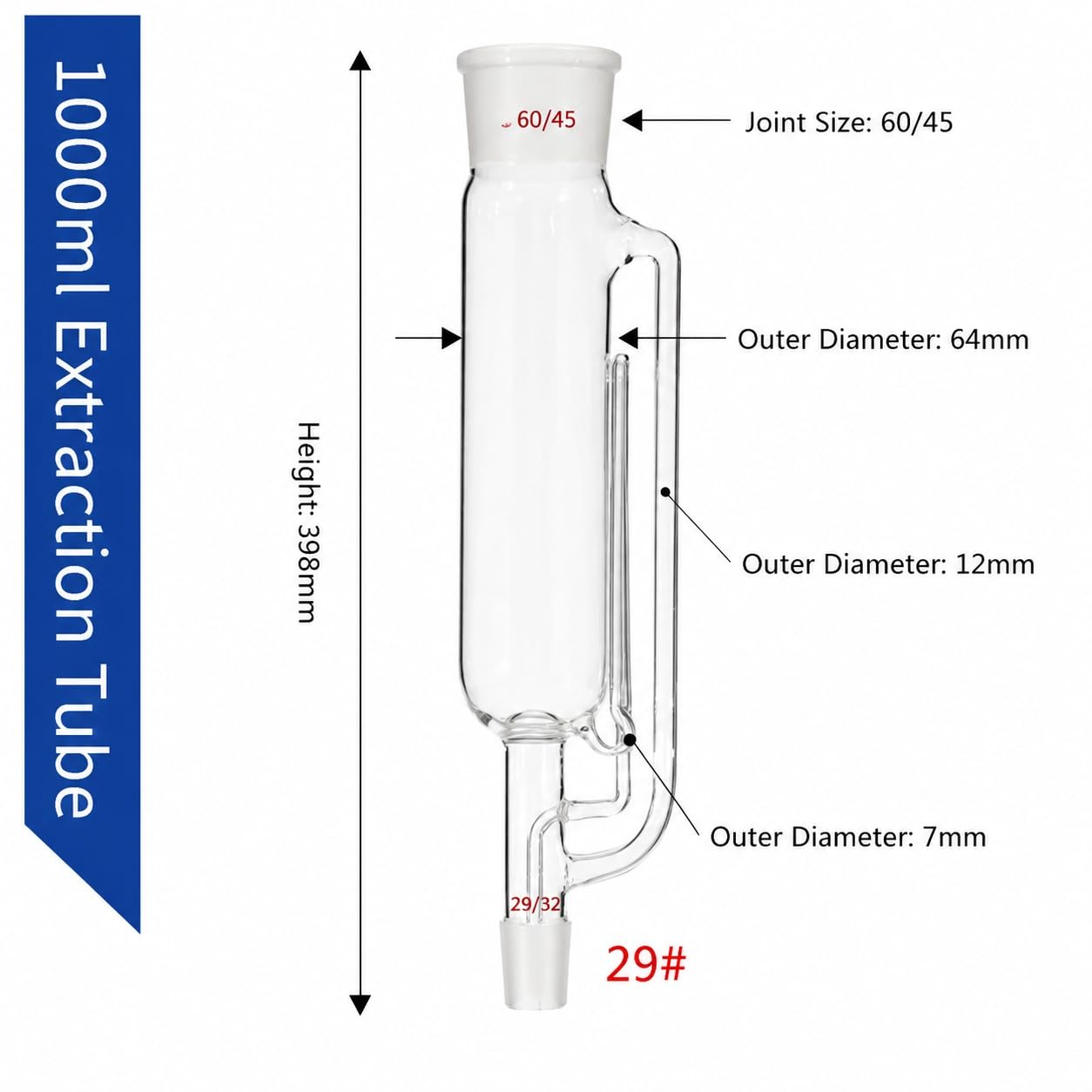 VIDOO Hochwertiges Borosilikatglas Soxhlet Extraktionsrohr mit Spiral Struktur, Labor Extraktor für Fett und Öl, Hitzebeständiges und Säurebeständiges Chemie Glasgerät, 1000ml