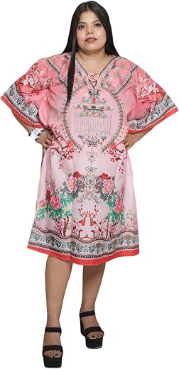 RAVI RAJORIA Women Short Crepe Kaftan Nightwear Free Size |Pink Printed Kaftan Dress302