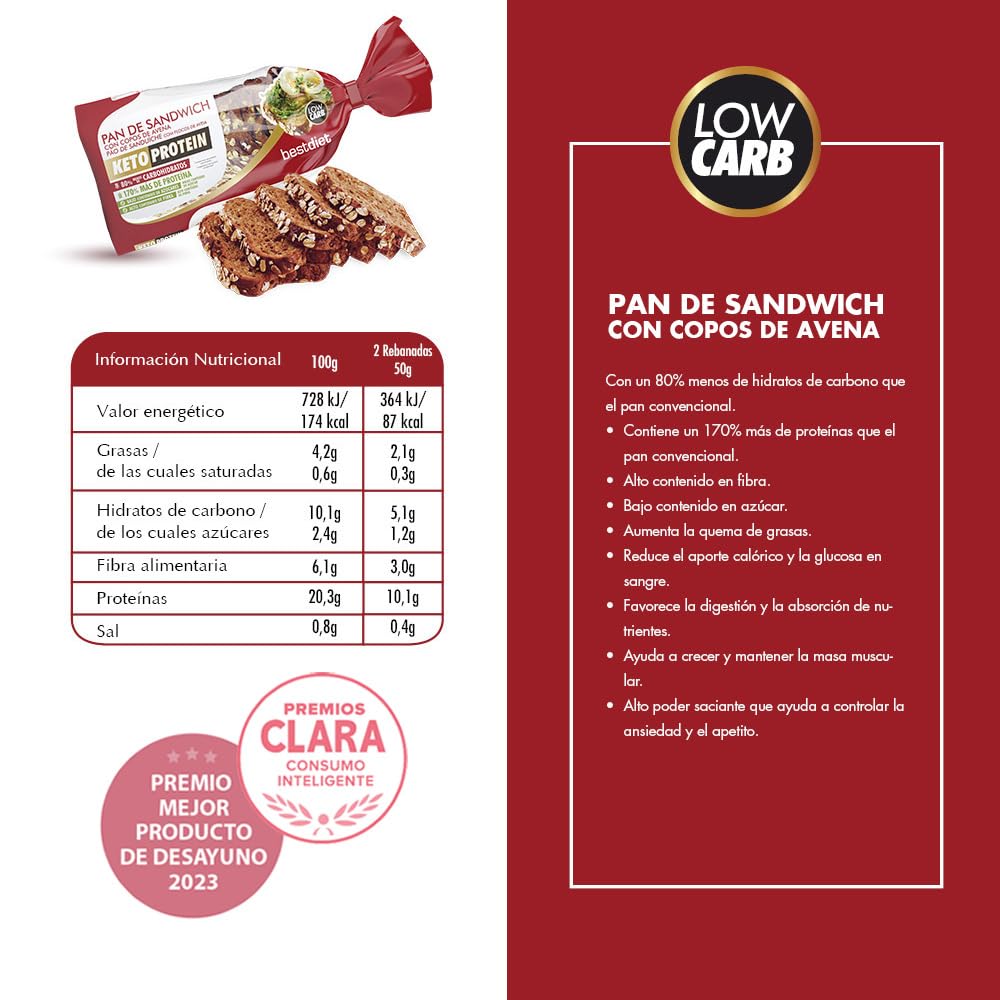 Pan Keto Protein con Avena 4 uds. 365 g – Pan de Molde Alto en Proteínas y Fibra – Bajo en Azúcares y Carbohidratos – Ideal para Tostadas, Sándwich y Dieta Keto – Listo para Consumir – Best Diet