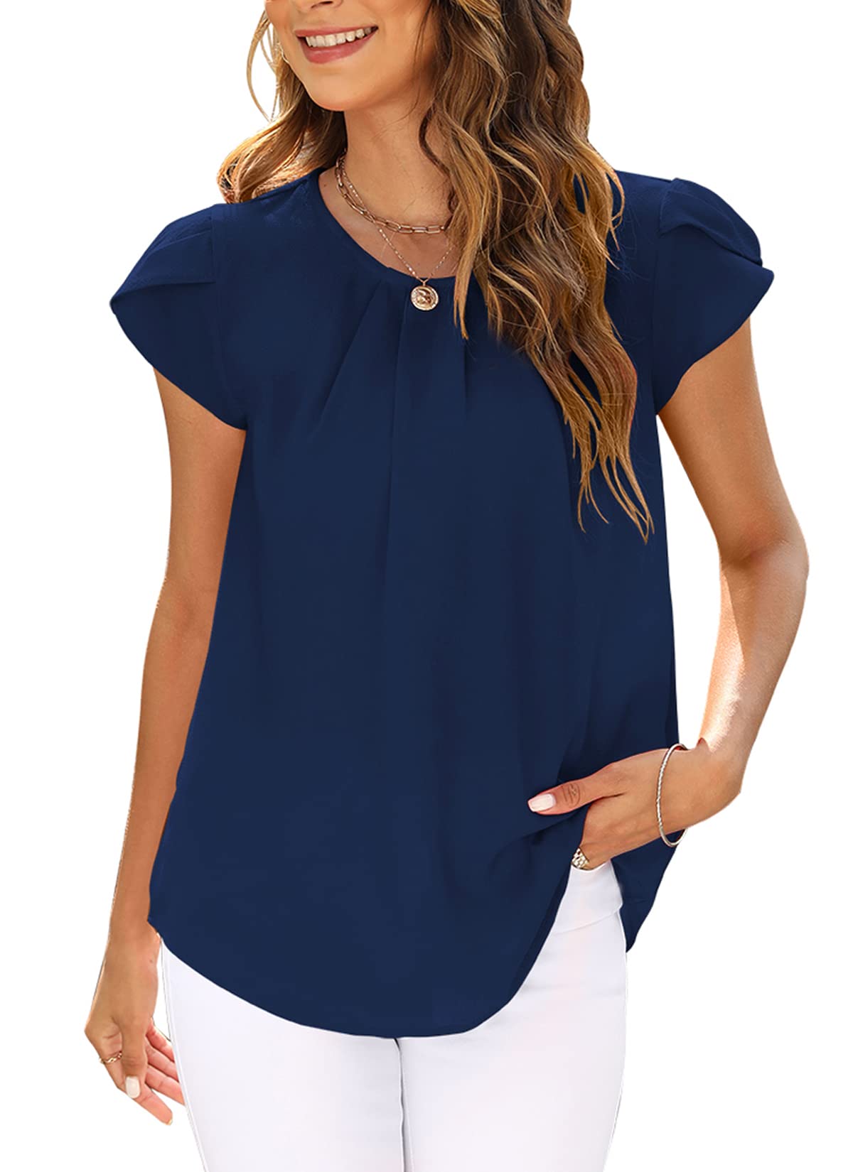 LuckyMore Short Sleeve Blouses for Women for Work Button Down Summer Dressy Business Casual Tops (Navy, Large), Navy, Large