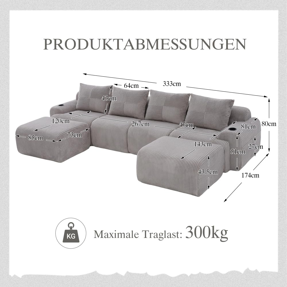 Sapgaks Sofá esquinero convertible, sofá modular compacto, sofá de 2 a 6 plazas, equipado con soportes para bebidas y compartimentos laterales de almacenamiento, no requiere montaje (U gris claro de 4