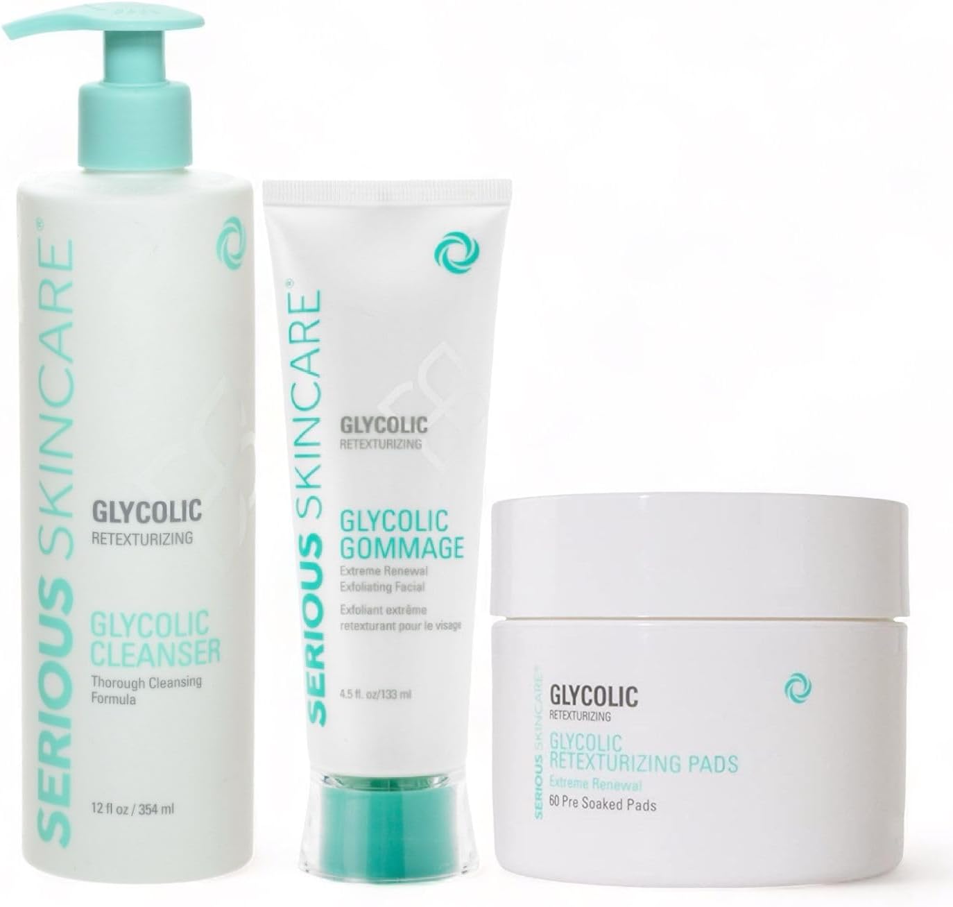 Serious Skincare - Glycolic Radiant Skin Set - Improve Appearance of Lines, Wrinkles and Enlarged Pores - Face Wash Cleanser, Gommage Exfoliating Clay Mask & Retexturizing Treatment Pads (3piece)