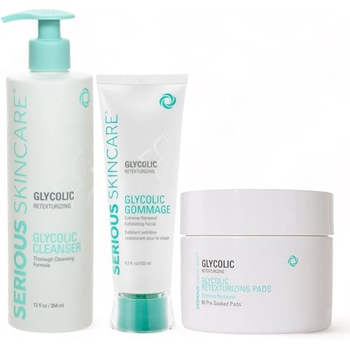 Serious Skincare - Glycolic Radiant Skin Set - Improve Appearance of Lines, Wrinkles and Enlarged Pores - Face Wash Cleanser, Gommage Exfoliating Clay Mask & Retexturizing Treatment Pads (3piece)