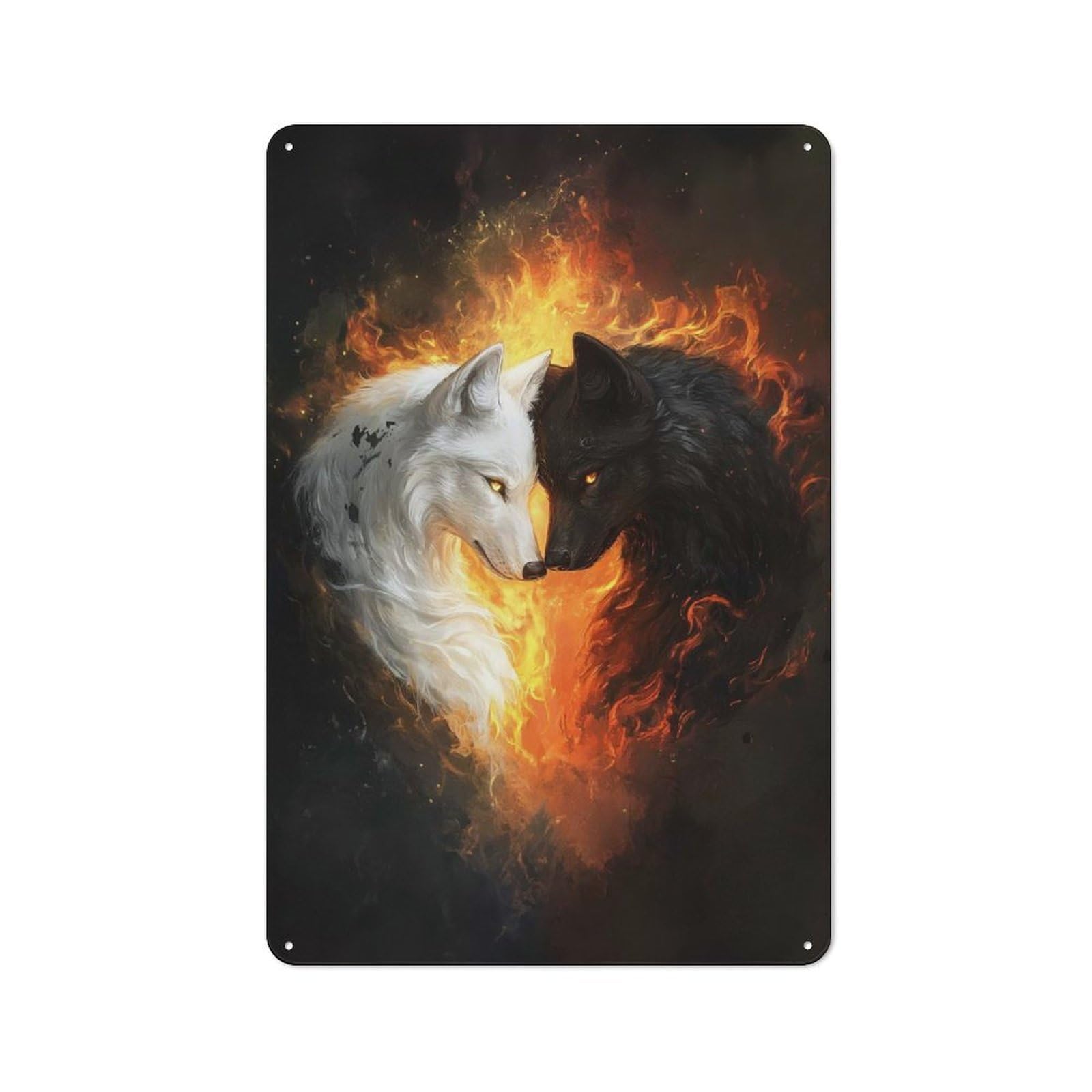 White And Black Wolves in Flames Retro-style Metal Sign 30x20cm for Guest Room Or Hallway, for Hallway Wall Decor Fans